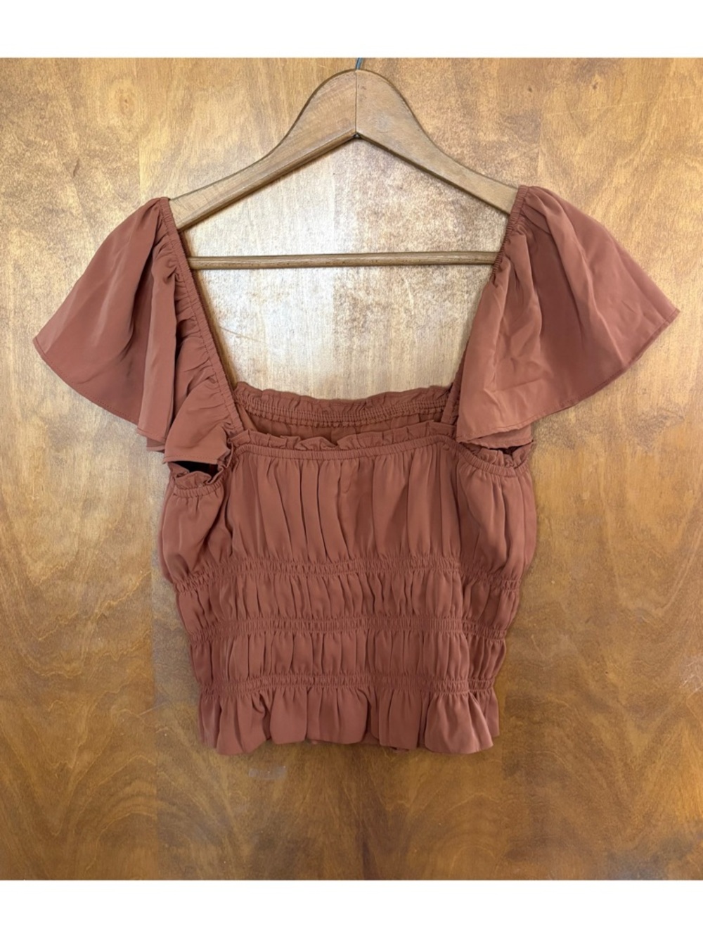 Abercrombie & Fitch Chocolate Brown Smocked Flutter Sleeve Milkmaid Top Y2K Boho - Picture 3 of 10
